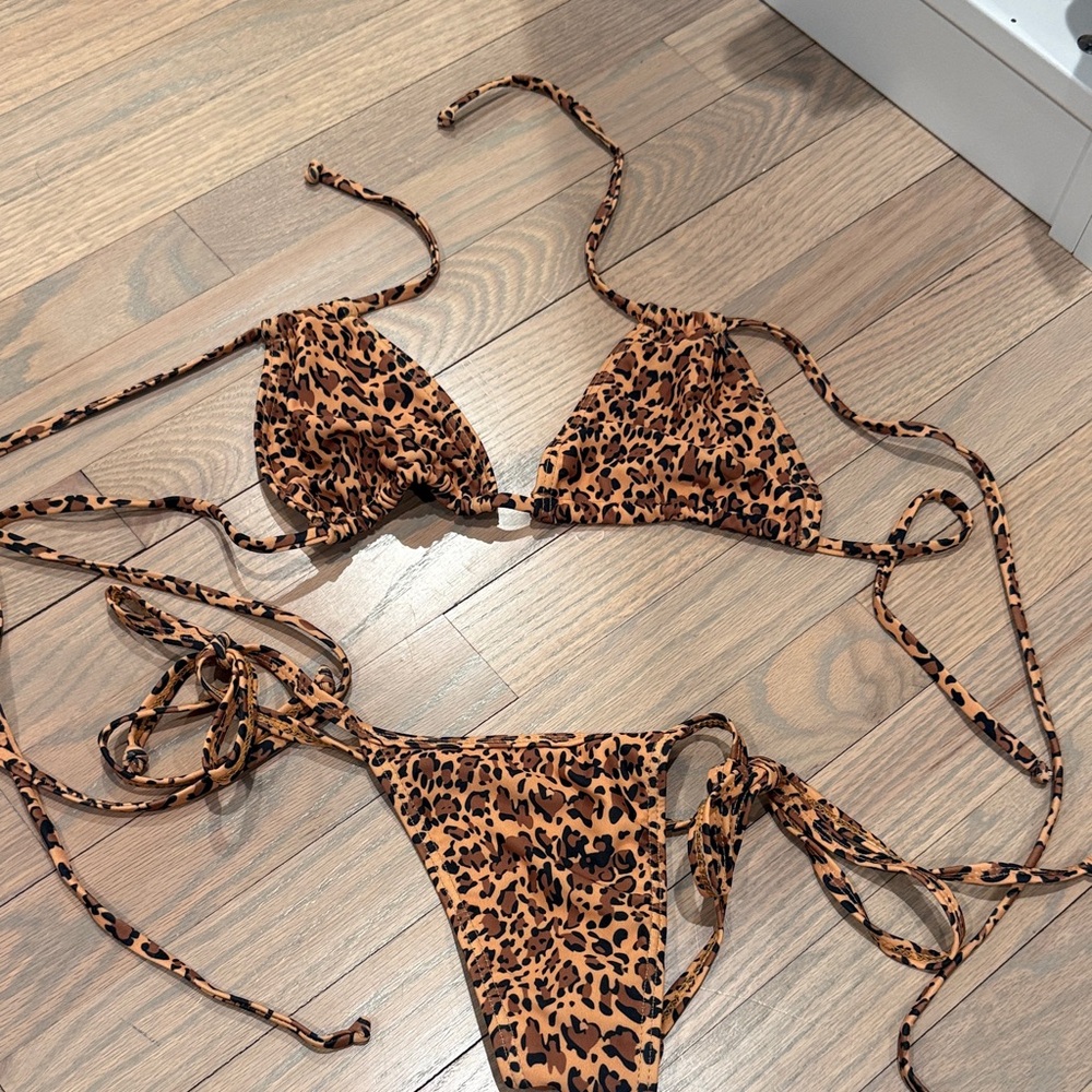 Leopard Print String Thong Bikini Set - Brown & Black
